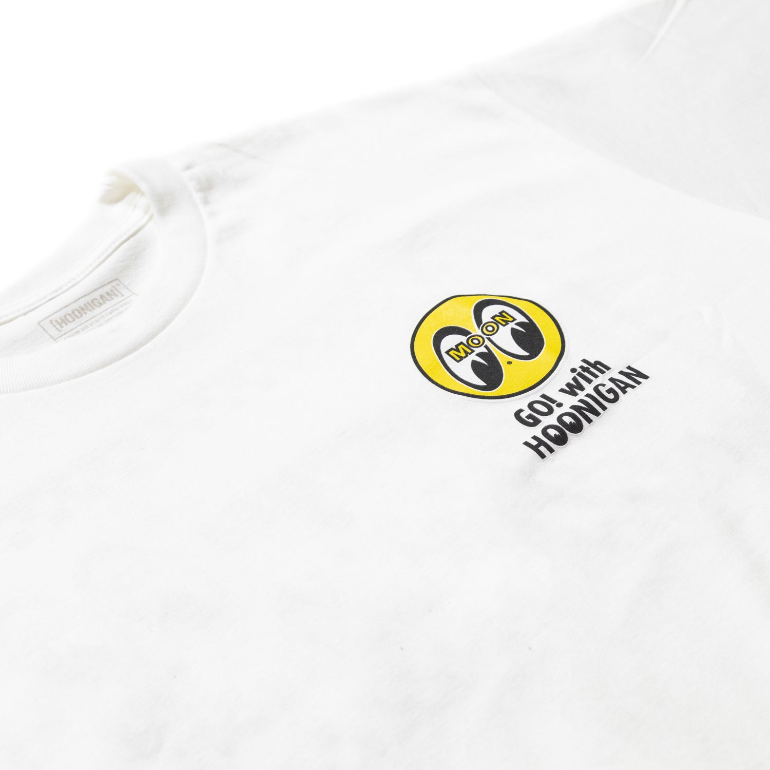Hoonigan x Mooneyes short sleeve tee in white with bold graphic print.