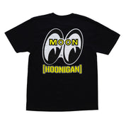 Black short sleeve tee featuring Hoonigan and Mooneyes logos, with bold graphic designs representing car culture.