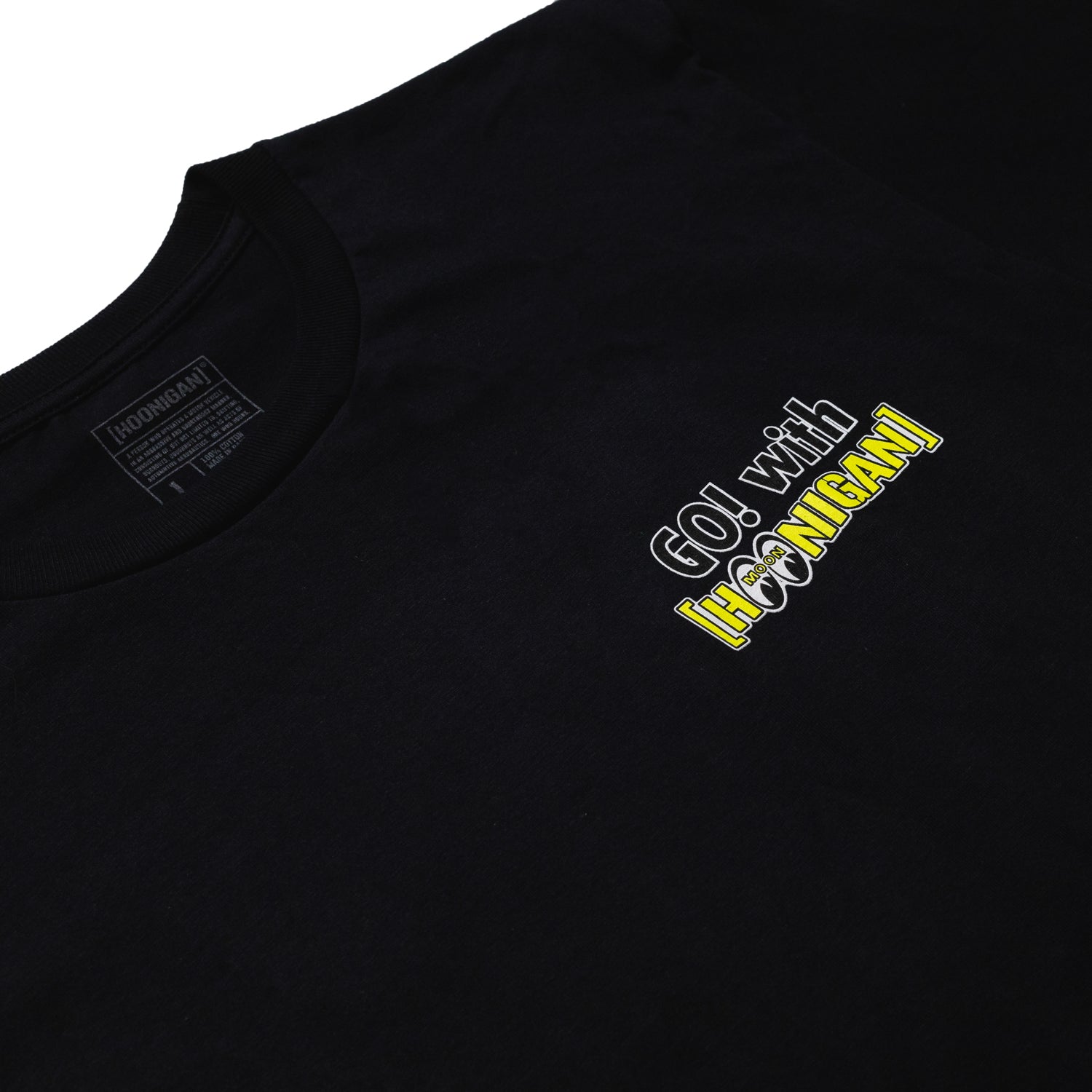 Black short sleeve tee featuring Hoonigan and Mooneyes logos in a bold graphic design.