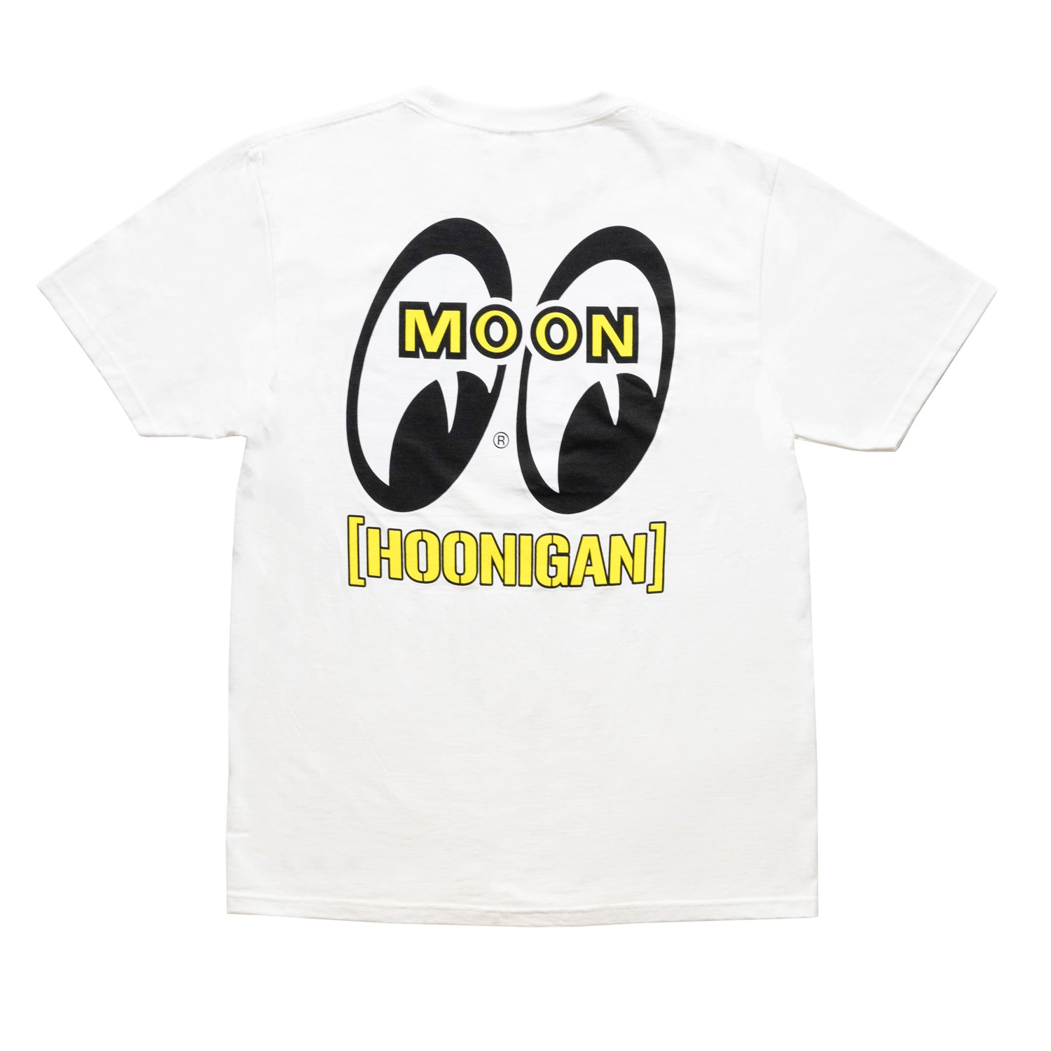 Hoonigan x Mooneyes HOON AND MOON white short sleeve tee featuring a front graphic design.