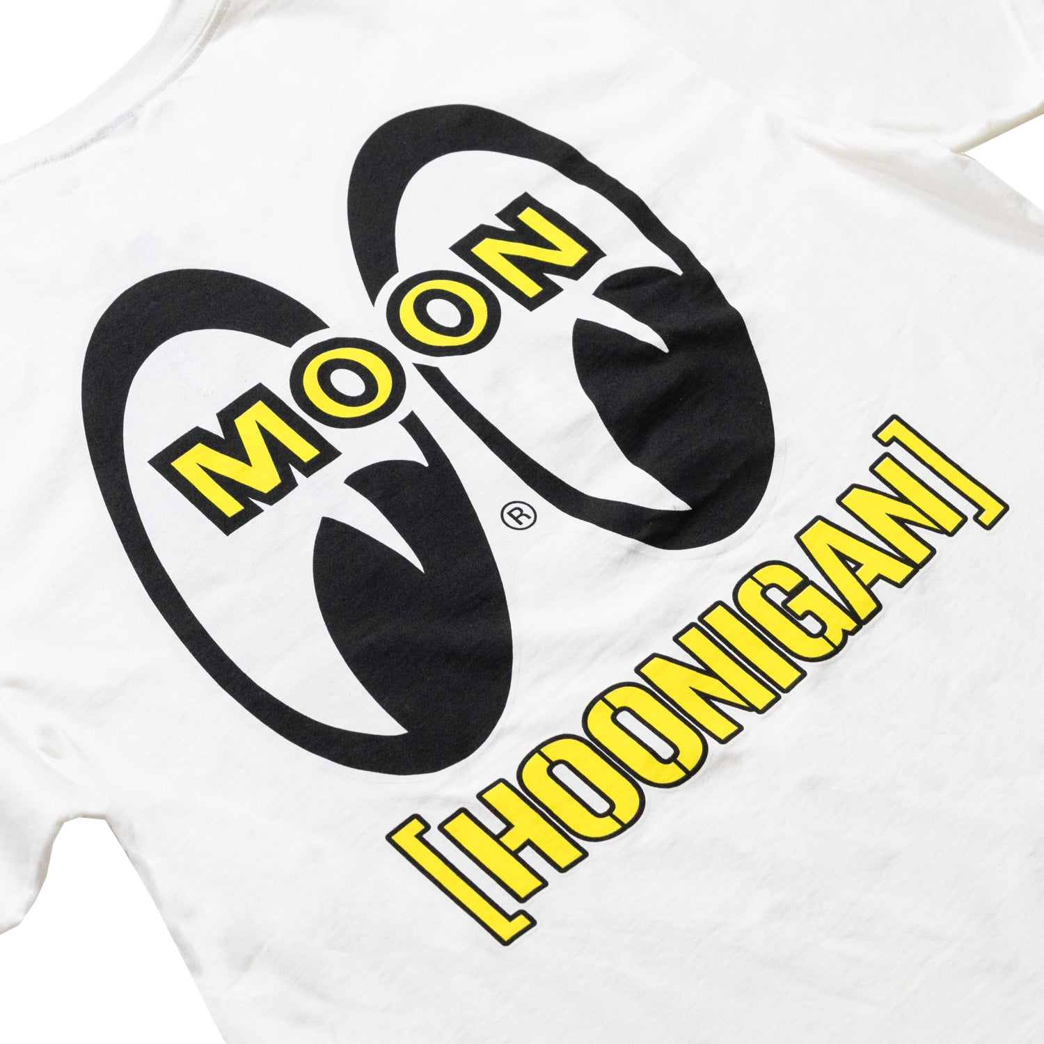 Hoonigan x Mooneyes HOON AND MOON Short Sleeve Tee featuring a white fabric, bold black graphic designs, and a relaxed fit.