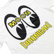 Hoonigan x Mooneyes HOON AND MOON Short Sleeve Tee featuring a white fabric, bold black graphic designs, and a relaxed fit.