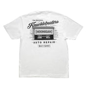 Hoonigan KNUCKLEBUSTERS AUTO REPAIR Short Sleeve Tee in white featuring a graphic logo on the front.