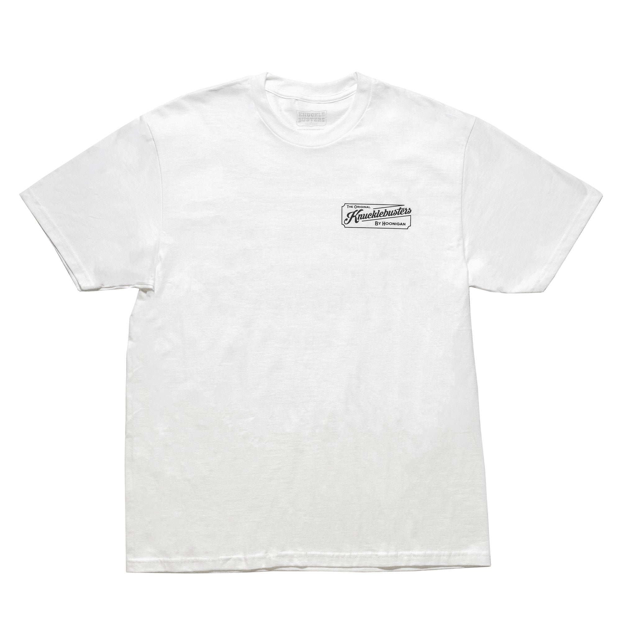 Hoonigan KNUCKLEBUSTERS AUTO REPAIR short sleeve tee in white, featuring a bold graphic logo on the front.