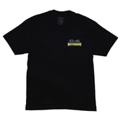 Black short sleeve t-shirt featuring Hoonigan and Mooneyes logos, with a vibrant graphic mascot print on the front.