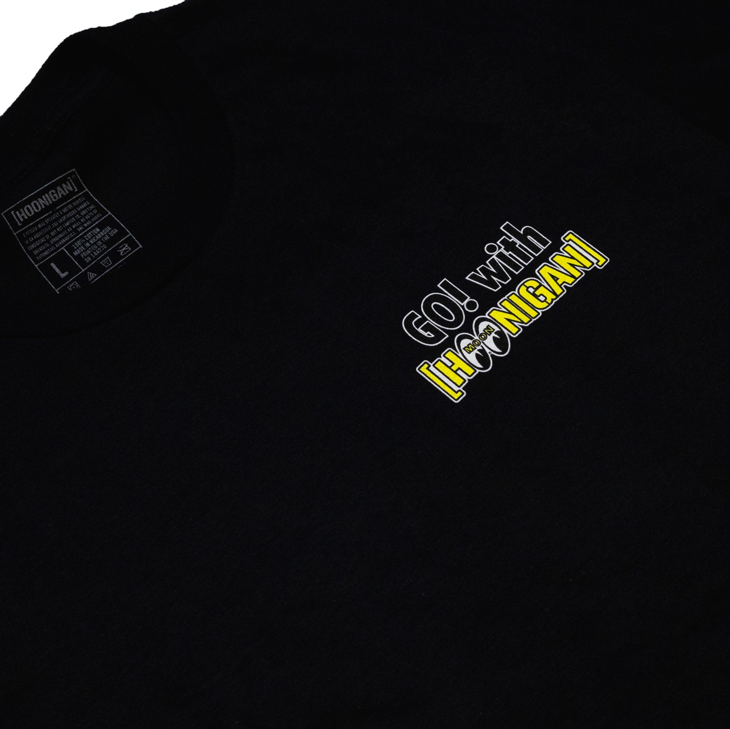 Hoonigan x Mooneyes MASCOT Short Sleeve Tee in black featuring a colorful graphic design on the front.