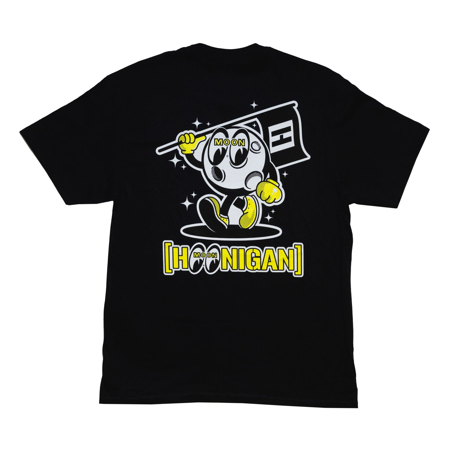 Hoonigan x Mooneyes black short sleeve tee featuring a vibrant graphic mascot design on the front.