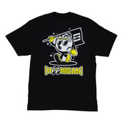 Hoonigan x Mooneyes black short sleeve tee featuring a vibrant graphic mascot design on the front.