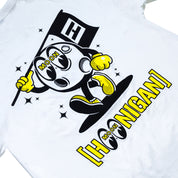 Hoonigan x Mooneyes MASCOT Short Sleeve Tee in white featuring a bold graphic design on the front.