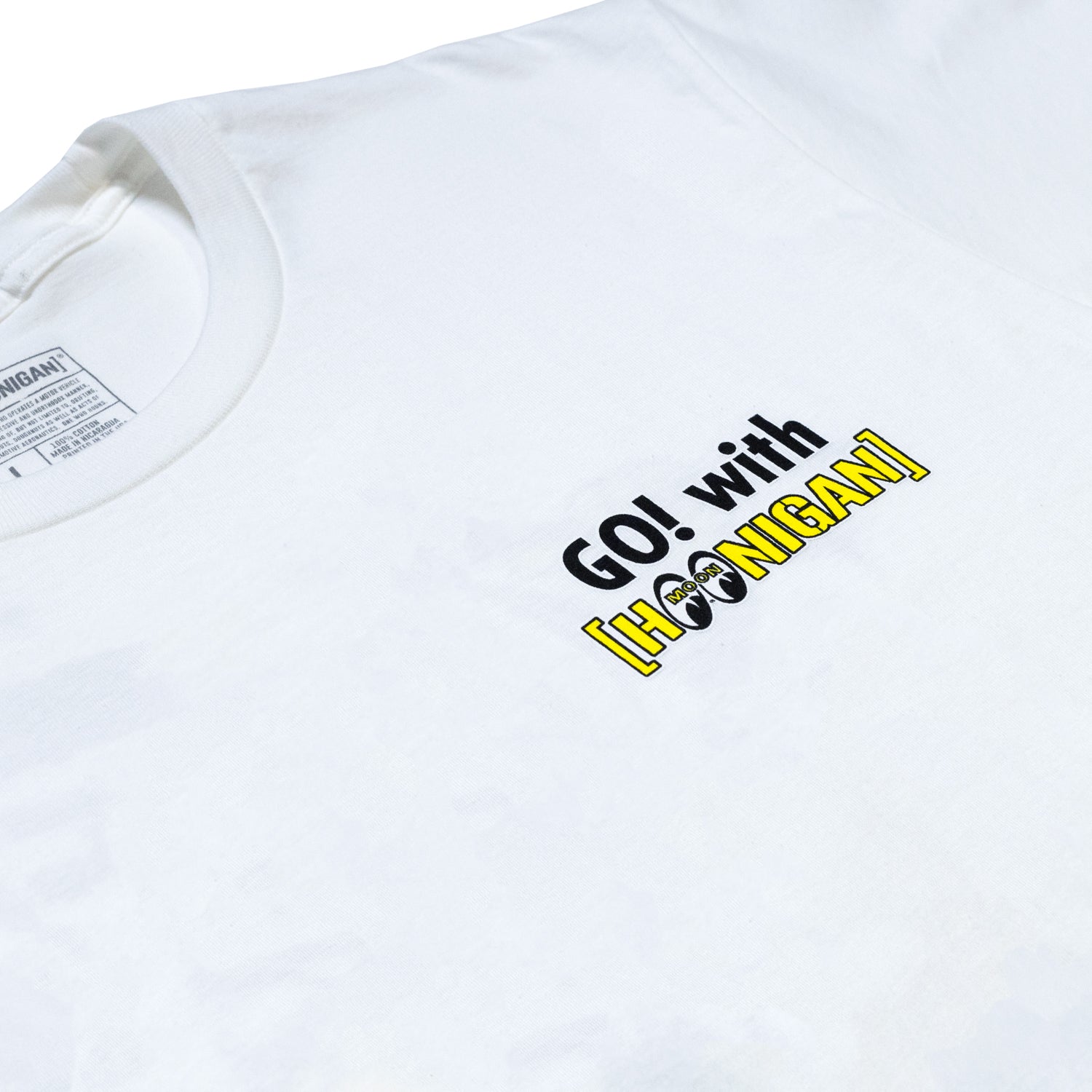 Hoonigan x Mooneyes MASCOT Short Sleeve Tee featuring a colorful graphic design on a white background.