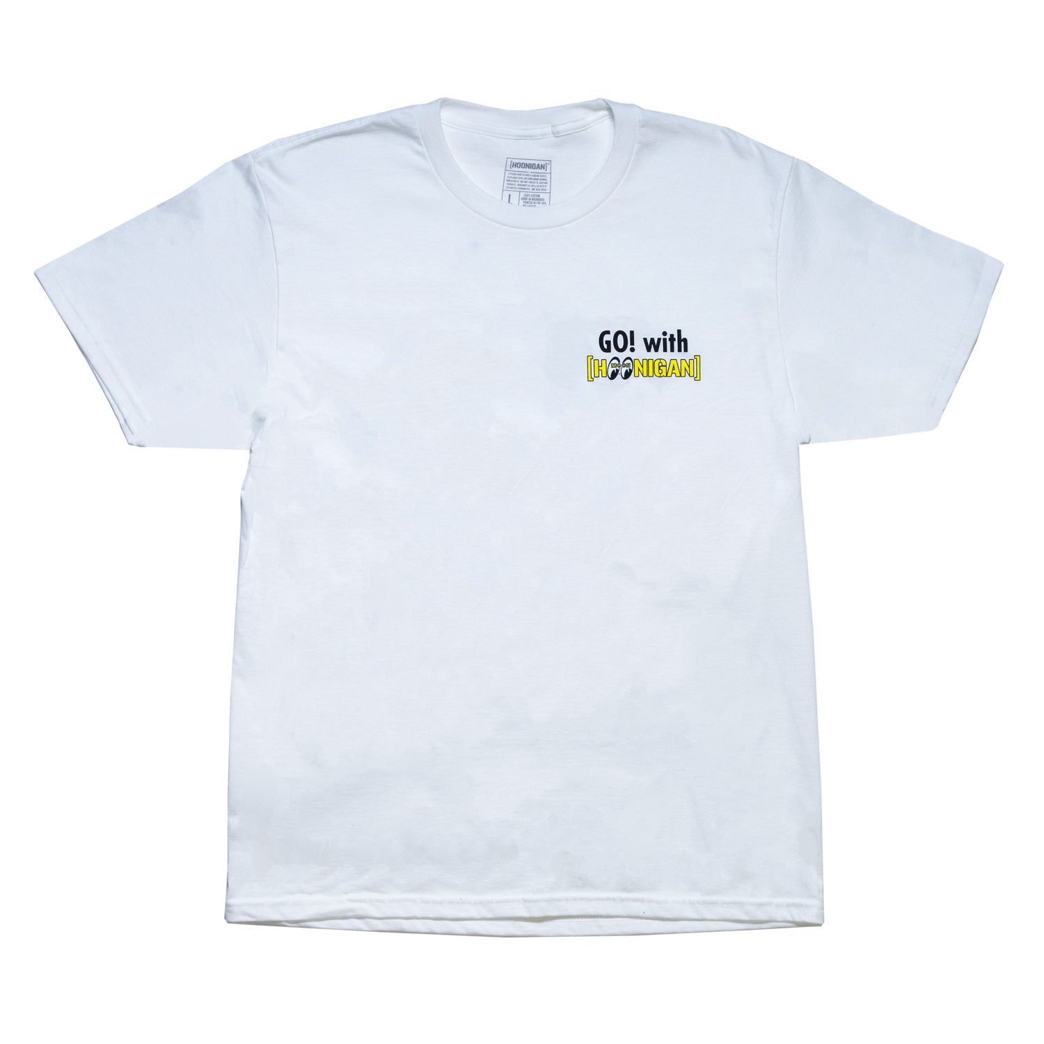Hoonigan x Mooneyes MASCOT Short Sleeve Tee featuring a white fabric, bold graphic design with a mascot logo, and a casual fit for automotive enthusiasts.