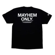 Hoonigan MAYHEM Short Sleeve Tee featuring bold graphic design and relaxed fit, on a plain white background.