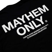 Hoonigan MAYHEM Short Sleeve Tee featuring a bold graphic design on a black background.