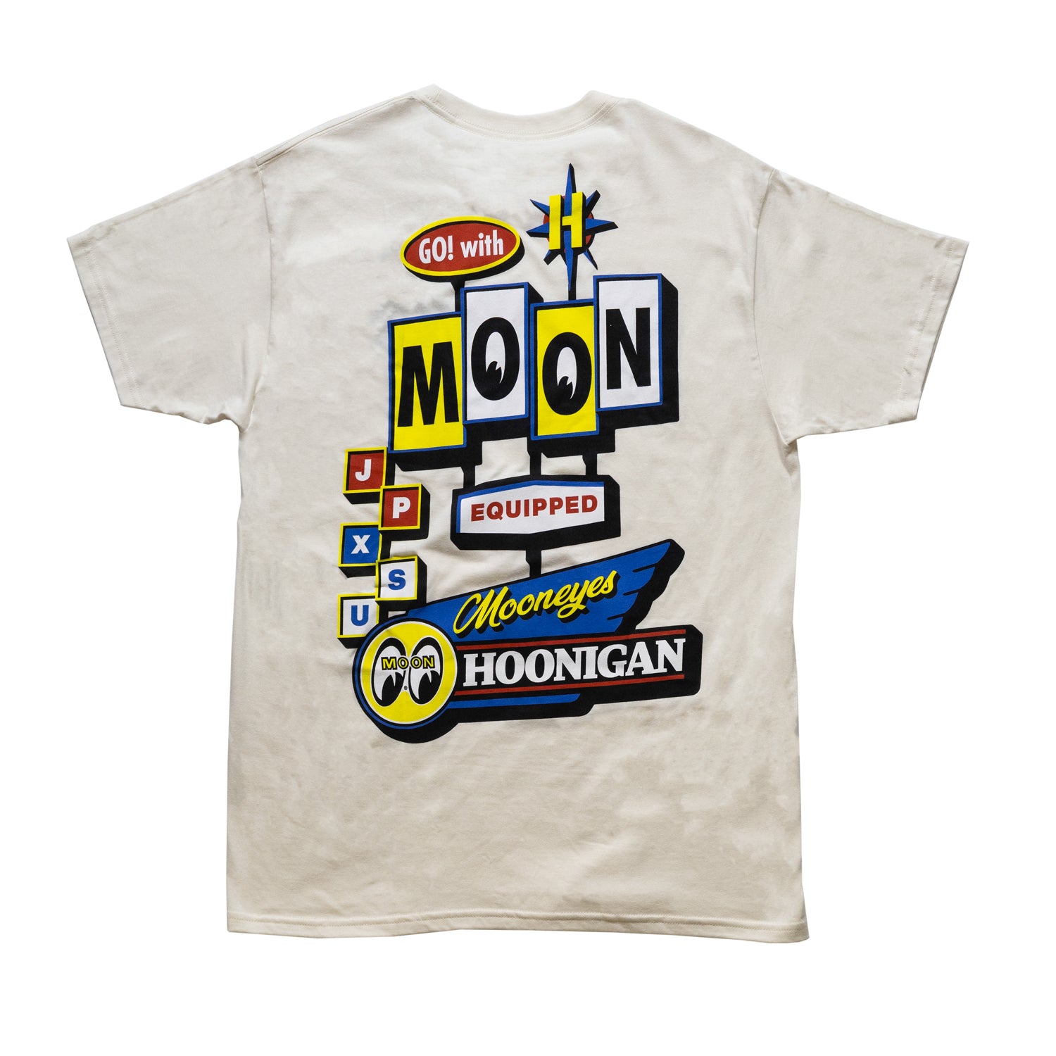 Hoonigan x Mooneyes MOONMOTEL Short Sleeve Tee featuring a vintage-inspired graphic design on a natural color fabric.