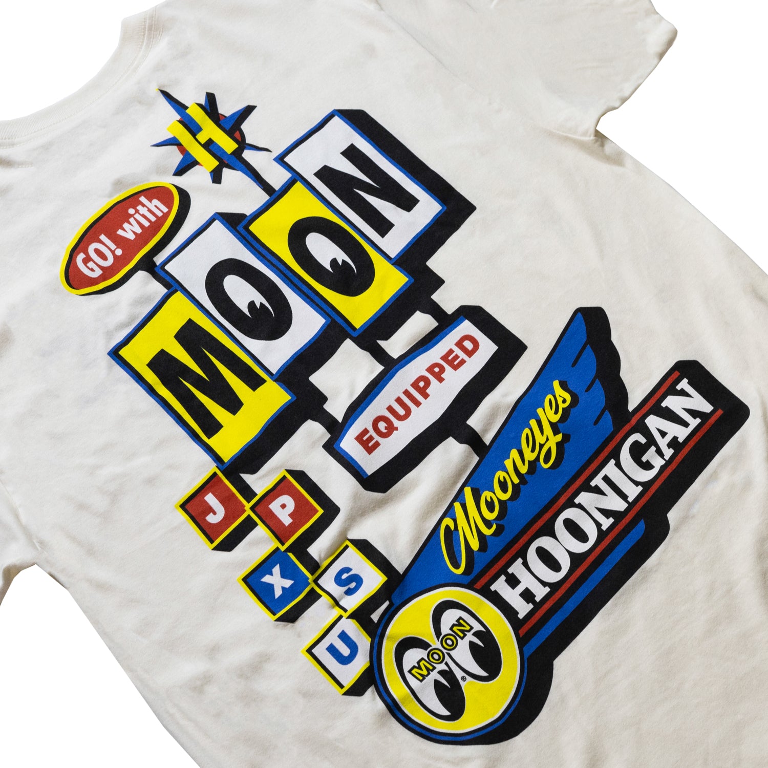 Hoonigan x Mooneyes MOONMOTEL short sleeve t-shirt in natural color featuring a retro graphic design on the front.