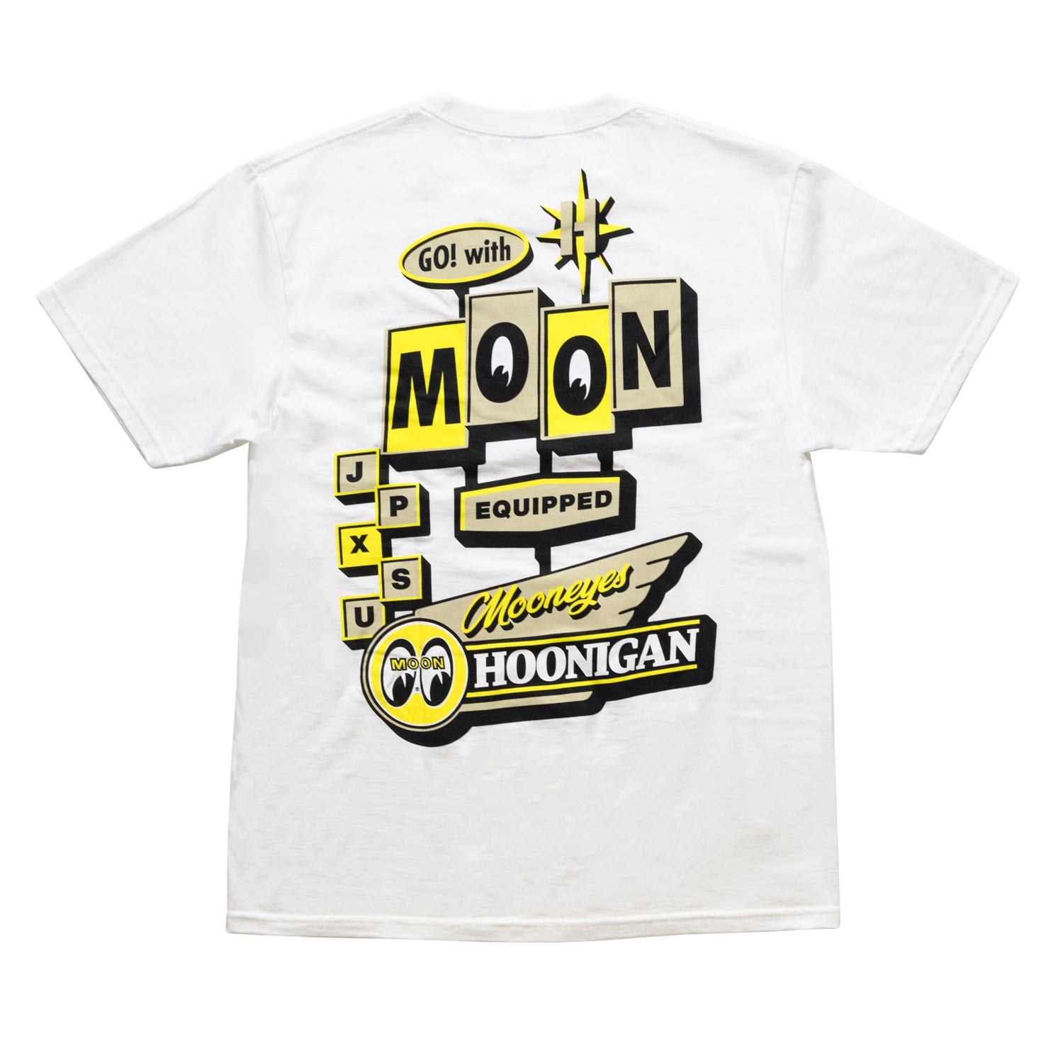 Hoonigan x Mooneyes MOONMOTEL white short sleeve tee featuring a retro motel graphic on the front.
