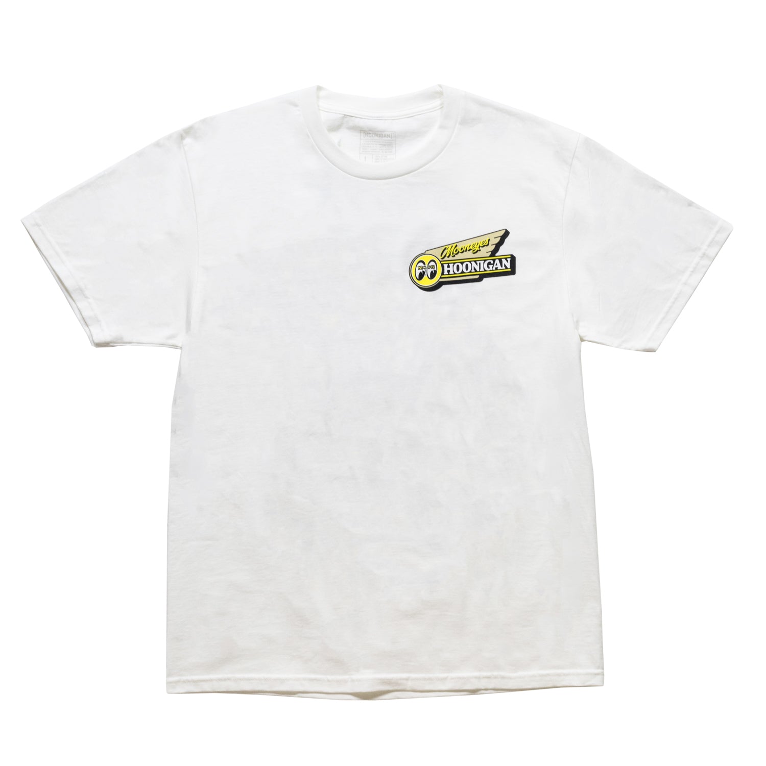 Hoonigan x Mooneyes MOONMOTEL short sleeve tee featuring a bold graphic design on a white background.