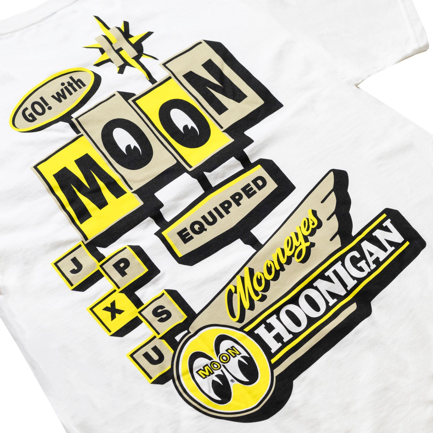 Hoonigan x Mooneyes MOONMOTEL short sleeve white tee featuring retro motel graphic and logo.
