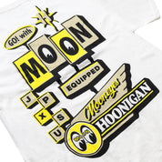 Hoonigan x Mooneyes MOONMOTEL short sleeve white tee featuring retro motel graphic and logo.
