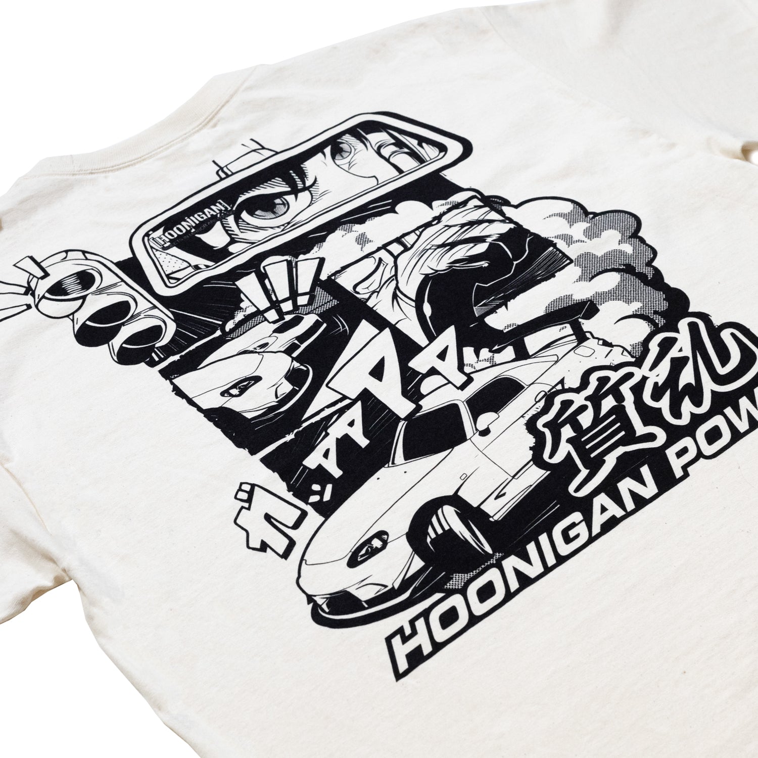 Hoonigan ON SITE Short Sleeve Tee featuring a black fabric with bold white graphics on the front, showcasing a modern automotive design.