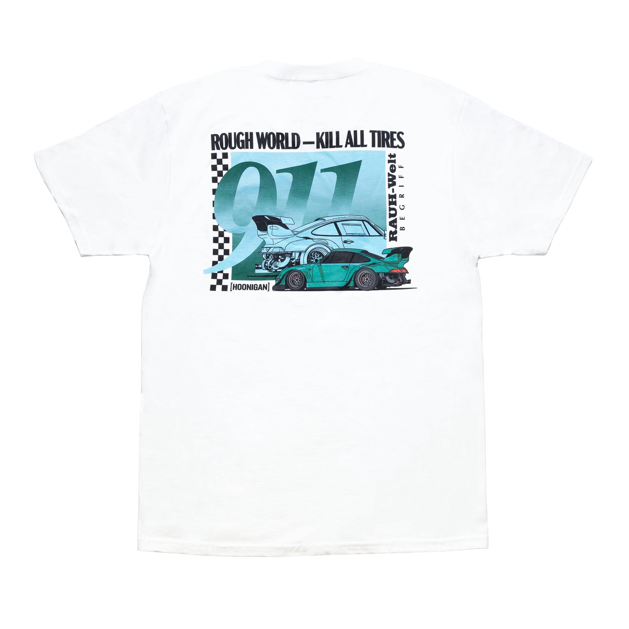 Hoonigan X RWB ROUGH WORLD KILL ALL TIRES Short Sleeve Tee featuring bold graphics and a modern fit.