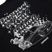 Hoonigan RESPECT YOUR ELDERS Short Sleeve Tee featuring a graphic design on a black fabric.