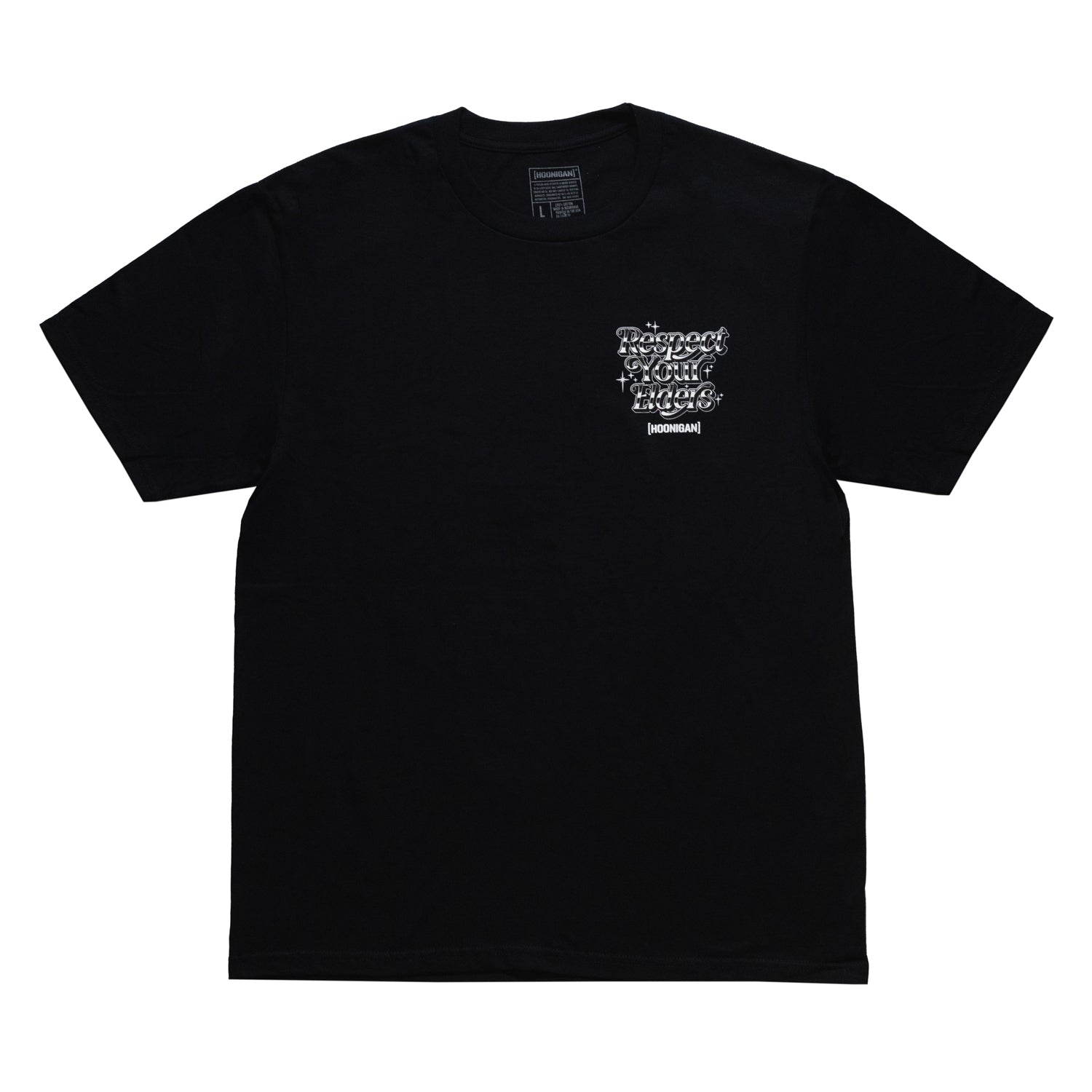 Hoonigan RESPECT YOUR ELDERS Short Sleeve Tee featuring bold graphic design on a black background.