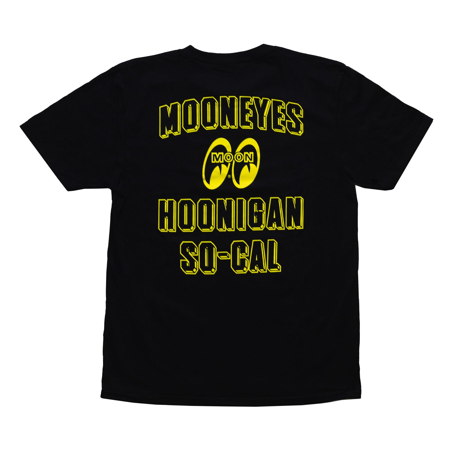 Hoonigan x Mooneyes SOCAL Short Sleeve Tee featuring a graphic logo design in black and yellow on a white background.