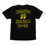 Hoonigan x Mooneyes SOCAL Short Sleeve Tee featuring a graphic logo design in black and yellow on a white background.
