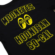 Hoonigan x Mooneyes SOCAL Short Sleeve Tee in black, featuring vibrant graphic logos on the front and back.