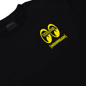 Hoonigan x Mooneyes SOCAL Short Sleeve Tee featuring a black design with colorful graphic logos on the front and back.