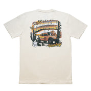 Hoonigan SCUMBUG short sleeve t-shirt featuring a vintage graphic of a yellow off-road vehicle in a desert scene.