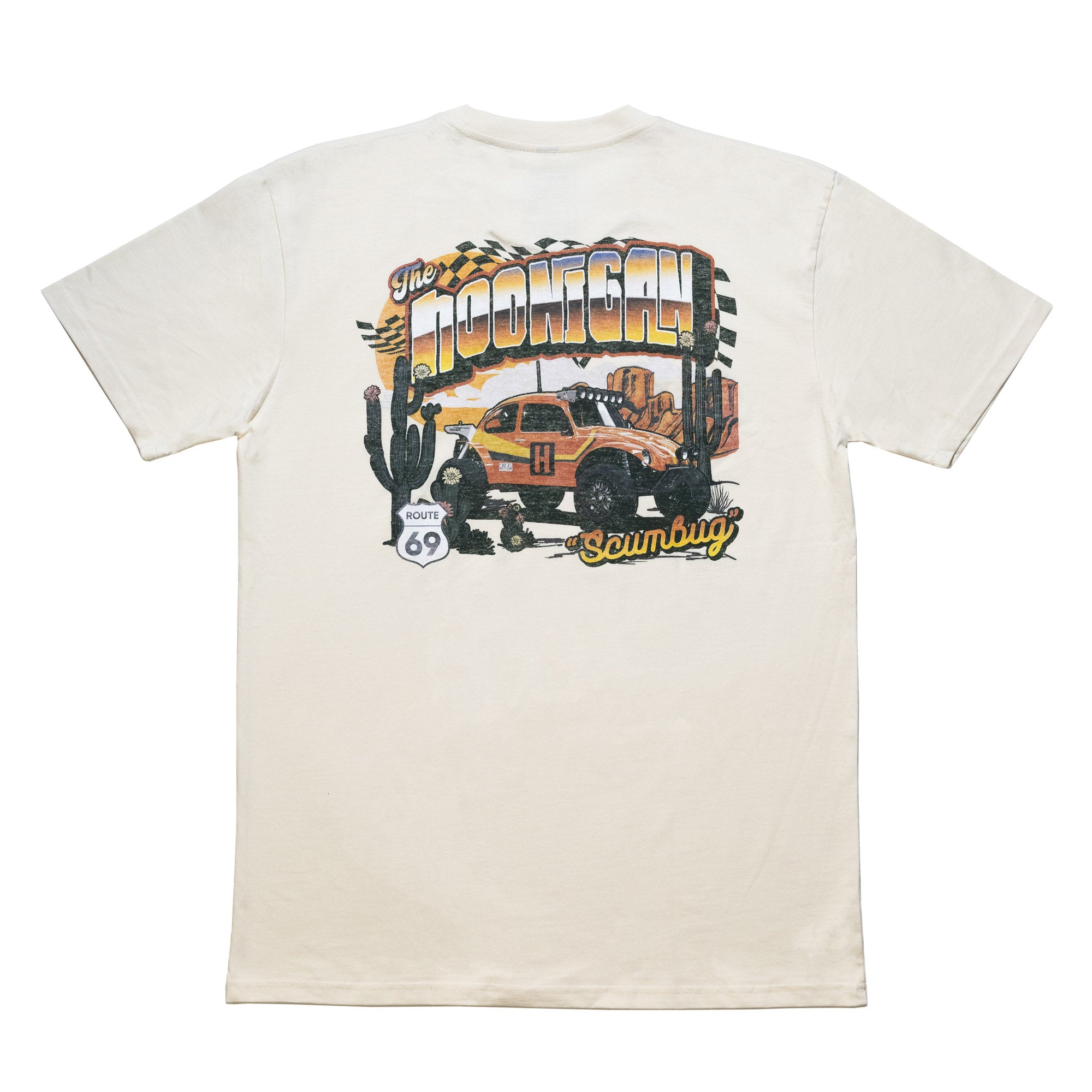 Hoonigan SCUMBUG short sleeve t-shirt featuring a vintage graphic of a yellow off-road vehicle in a desert scene.