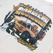 Hoonigan SCUMBUG short sleeve t-shirt featuring a vintage off-road vehicle design with desert scenery and Route 69 sign.