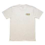 Cream short sleeve t-shirt featuring a colorful Hoonigan SCUMBUG graphic on the chest, perfect for car culture enthusiasts.