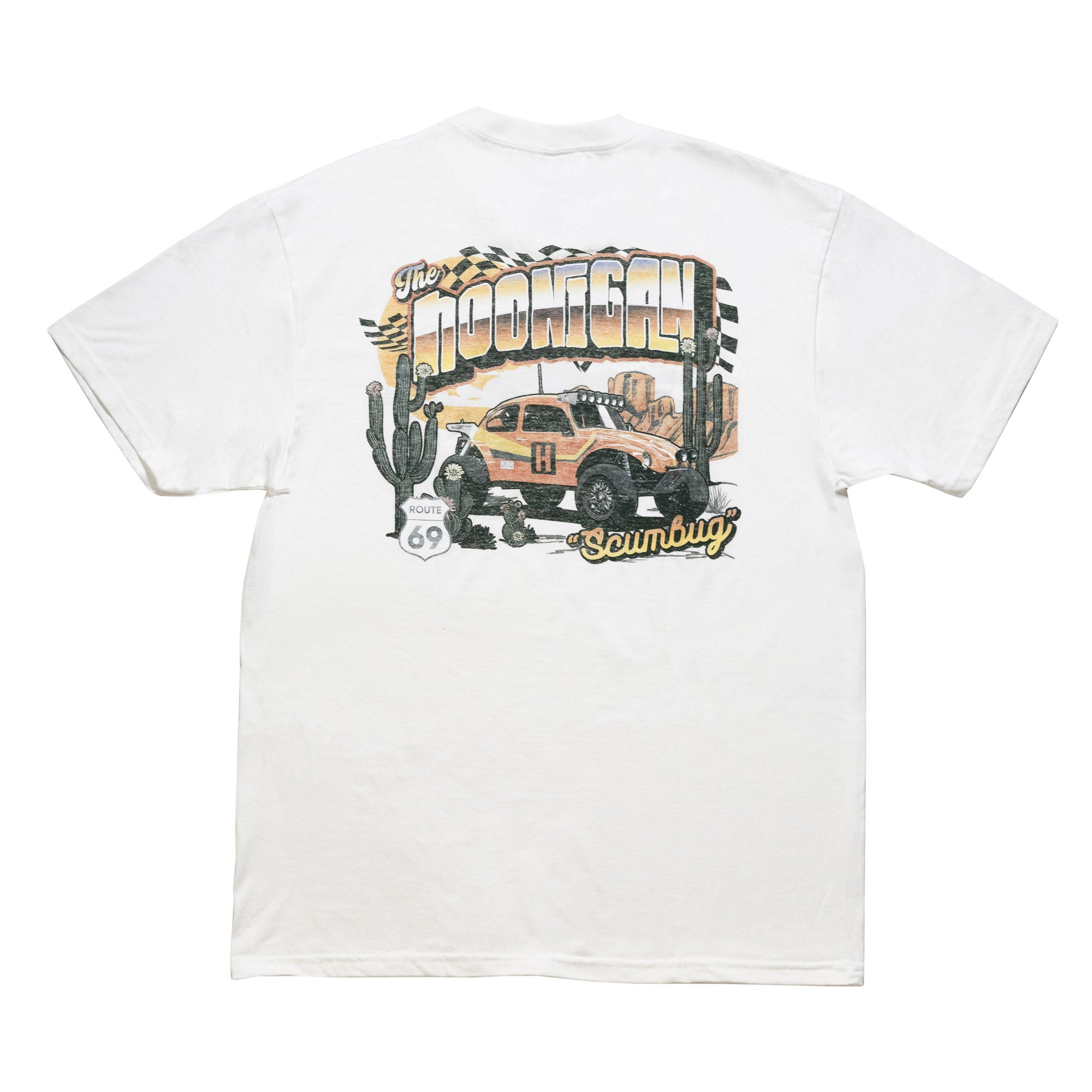 Hoonigan SCUMBUG Short Sleeve T-Shirt featuring a vintage car graphic with cacti and retro text on the back.
