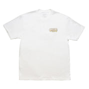 White short sleeve t-shirt featuring a colorful Hoonigan SCUMBUG graphic on the chest, perfect for motorsport enthusiasts.