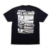 Black Hoonigan WANGAN C1 short sleeve tee featuring a graphic design with racing scenes and the phrase "KILL ALL TIRES.