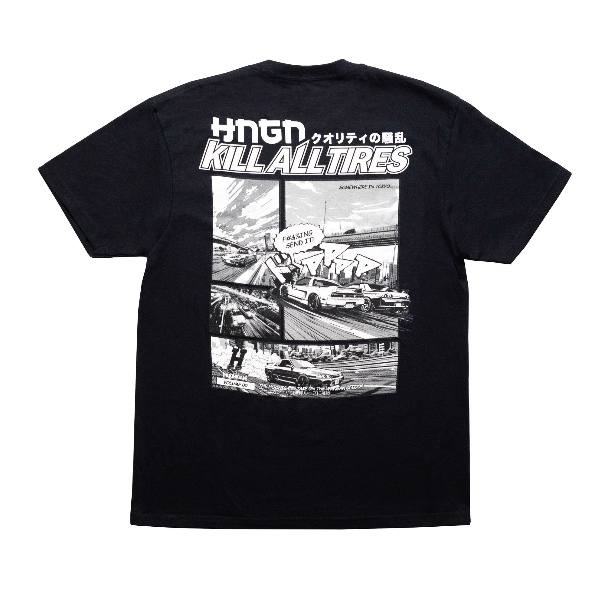 Black Hoonigan WANGAN C1 short sleeve tee featuring a graphic design with racing scenes and the phrase "KILL ALL TIRES.