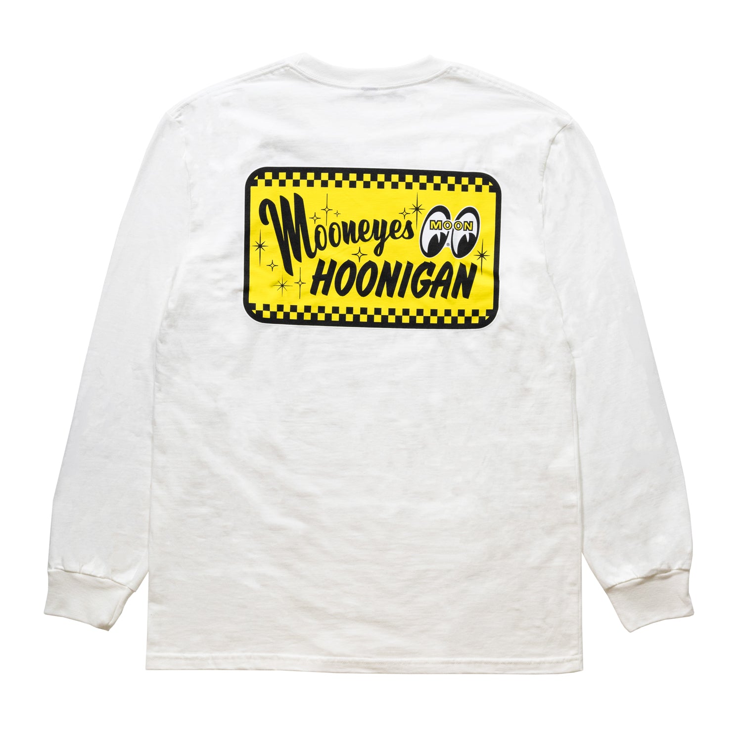 Hoonigan x Mooneyes "GO WITH HOON" long sleeve tee in white featuring bold graphic designs on the front and sleeves.