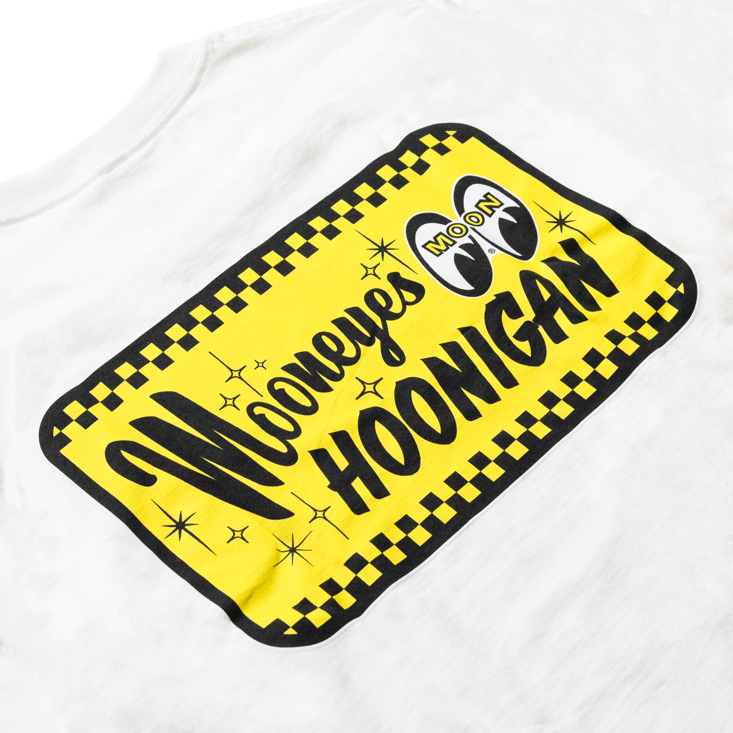 Hoonigan x Mooneyes "GO WITH HOON" long sleeve tee featuring bold text and graphic design on a white background.