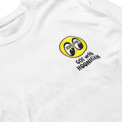 Hoonigan x Mooneyes "GO WITH HOON" Long Sleeve Tee in white, featuring bold graphic prints on the front and sleeves.