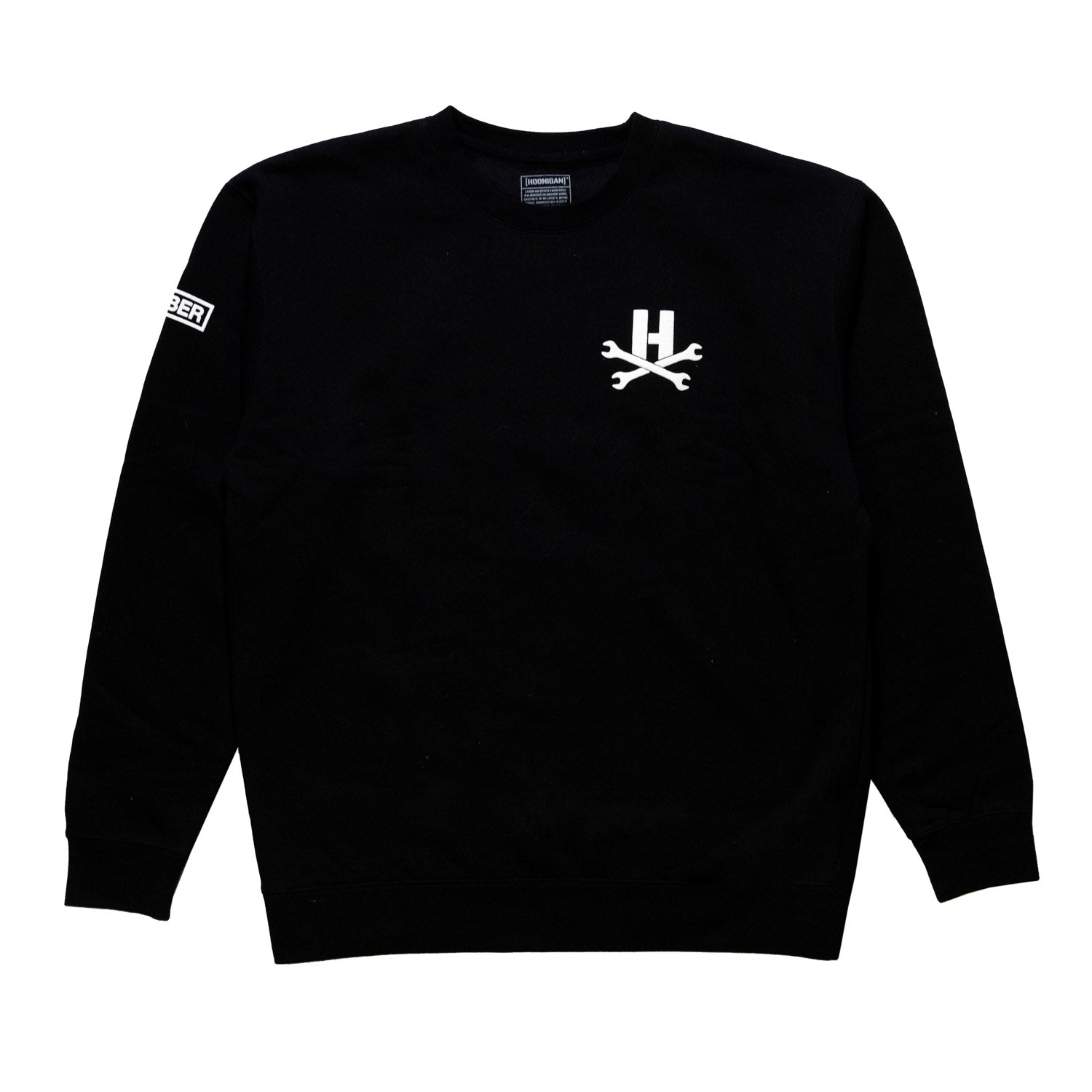Hoonigan MAYHEM Crewneck Pullover Sweatshirt in black, featuring bold white "MAYHEM" logo on the front.