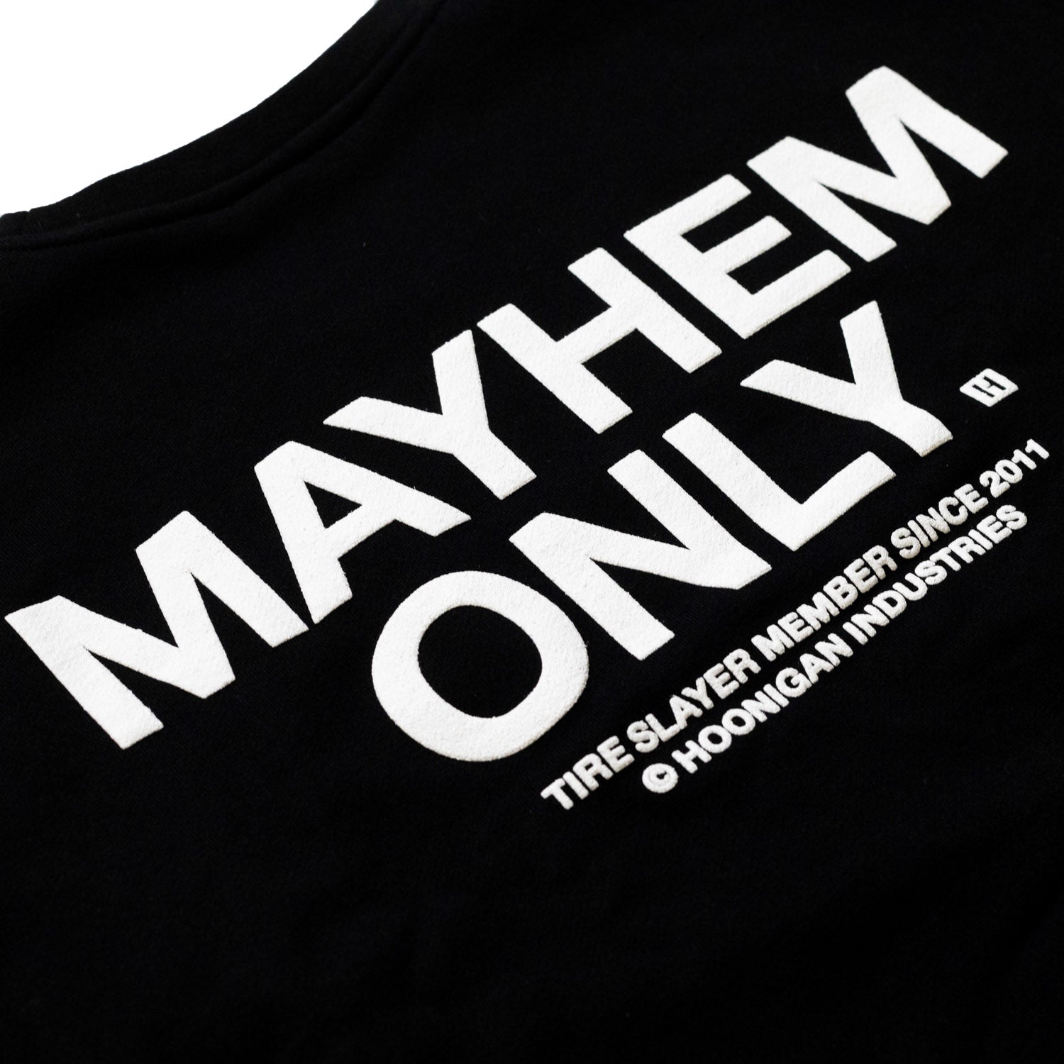 Hoonigan MAYHEM Crewneck Pullover Sweatshirt in black with bold graphic design and ribbed cuffs and hem.