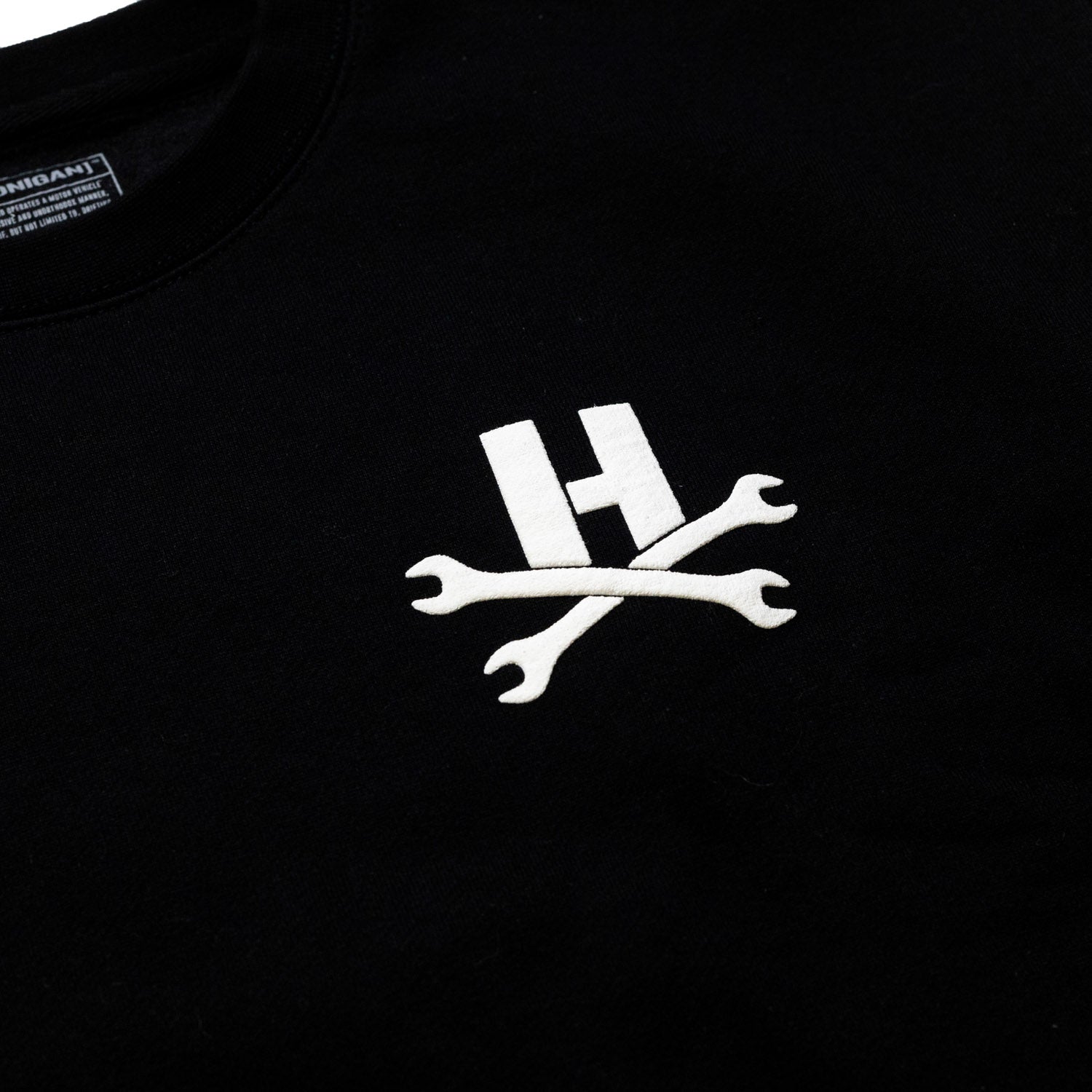 Hoonigan MAYHEM Crewneck Pullover Sweatshirt in black featuring bold graphic designs and a comfortable fit.