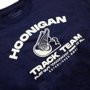 Hoonigan TRACK TEAM pullover sweatshirt in black, featuring a bold white logo and graphic design on the front.