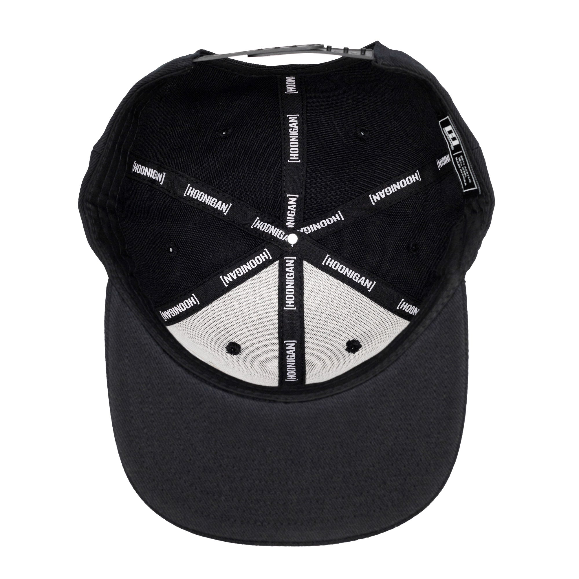 Interior view of the Hoonigan CENSOR BAR Snapback Hat showcasing the black fabric and branded lining.