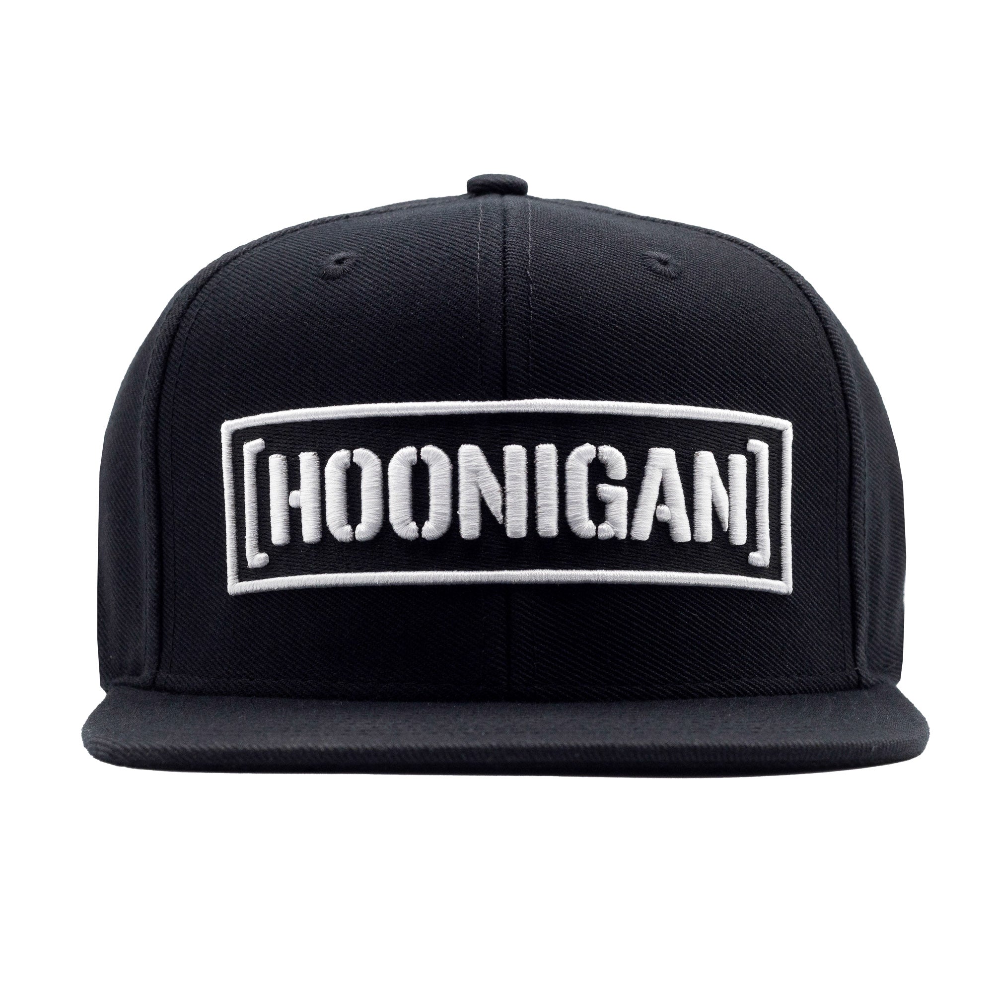 Black snapback hat featuring a bold white embroidered "[HOONIGAN]" logo on the front, perfect for motorsport enthusiasts.