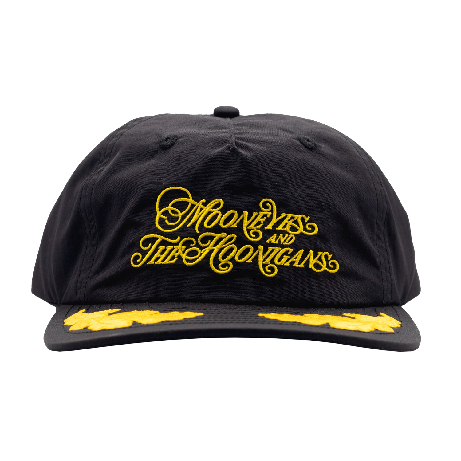 Hoonigan x Mooneyes decorated unstructured snapback hat in black, featuring embroidered logos and a classic flat brim design.