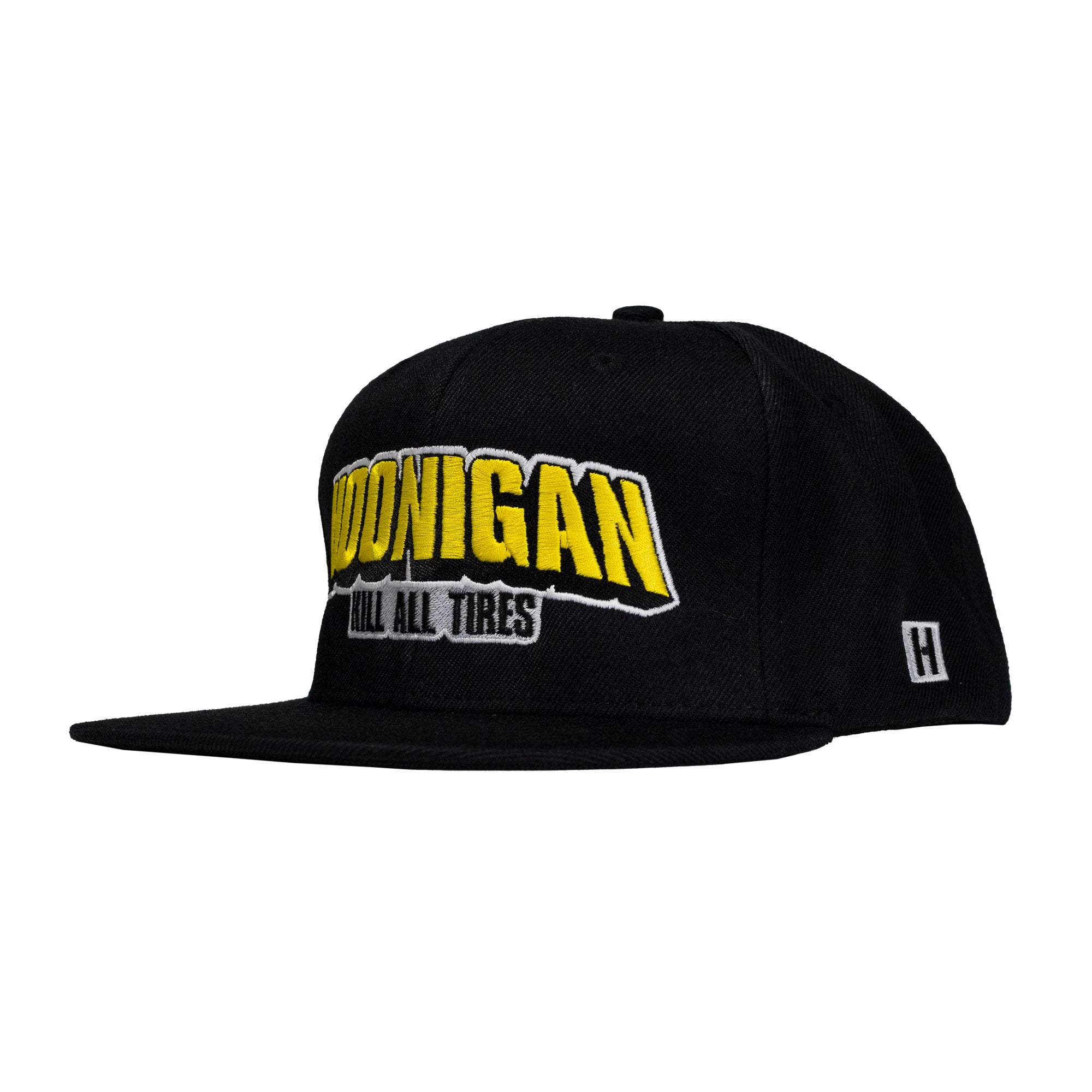 Hoonigan KING OF MONSTERS 6 Panel Snapback Hat featuring a black design with a colorful monster graphic and adjustable snapback closure.